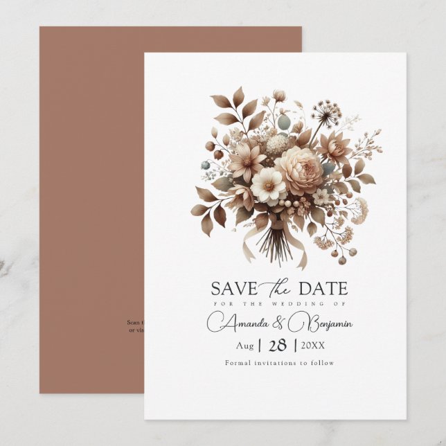 Neutral Bloom Mocha Mousse Floral Bridal Shower Save The Date (Front/Back)