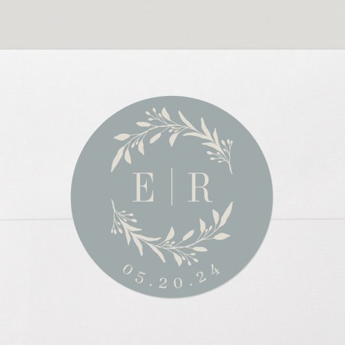 Neutral Blue Botanical Initials Wedding Logo Classic Round Sticker