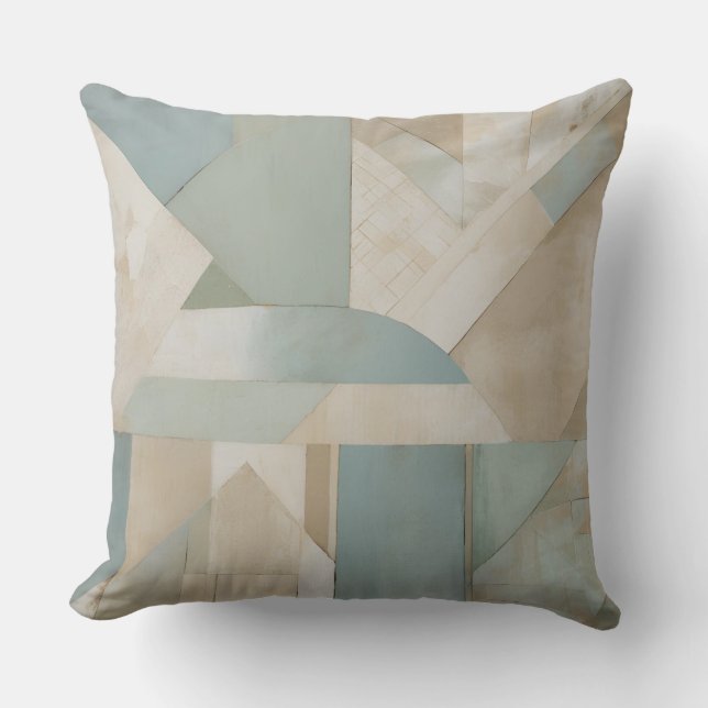 Neutral Blue Green Beige Abstract Geometric Print Throw Pillow (Front)