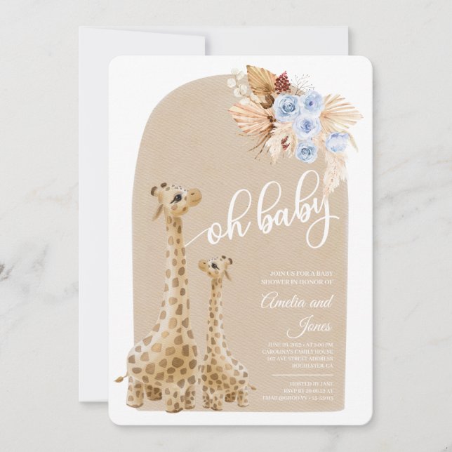 Neutral Blue Pampas Grass Giraffe Baby Shower  Invitation (Front)