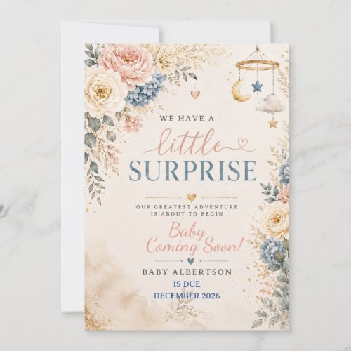 Neutral Blush Dusty Blue Floral Boho Pregnancy Invitation