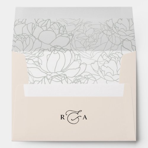 Neutral Blush Monogram Return Address 5x7 Wedding Envelope - Designed to coordinate with our Romantic Script wedding collection, this customizable matching Invitation envelope features a coloured solid neutral blush envelope with black text and custom monogram, with a botanical line art pattern on the inside. To make advanced changes, please select "Click to customize further" option under Personalize this template.