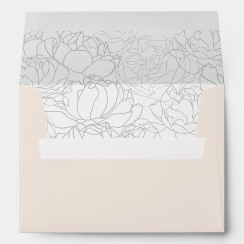 Neutral Blush printed Return Address 5x7 Wedding Envelope - Designed to coordinate with our Romantic Script wedding collection, this customizable matching Invitation envelope features a coloured solid neutral blush envelope with black text and botanical line art pattern on the inside. To make advanced changes, please select "Click to customize further" option under Personalize this template.