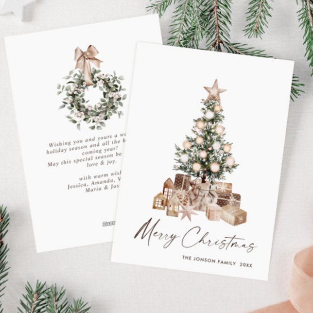 Neutral Bohemian Christmas Pine Tree Greeting Holiday Card (Creator Uploaded)