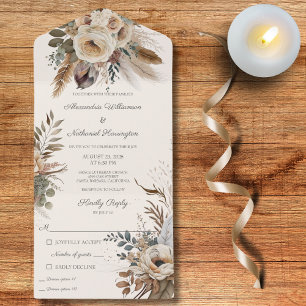 Neutral Bohemian Flowers & Feathers All In One Invitation