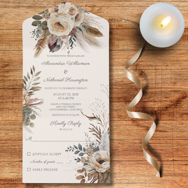 Neutral Bohemian Flowers & Feathers All In One Invitation (Also available with dinner options or with QR code. )