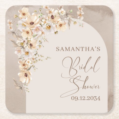 Neutral Boho arch Rustic Wildflowers Bridal Shower Square Paper Coaster