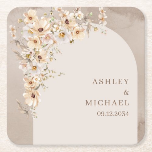 Neutral Boho arch Rustic Wildflowers wedding  Square Paper Coaster