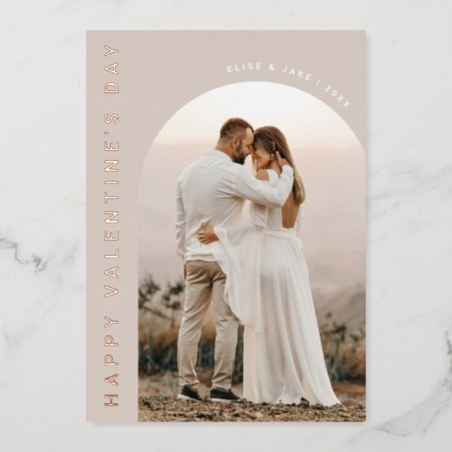 Neutral Boho Arch Valentines Photo Foil Holiday Card