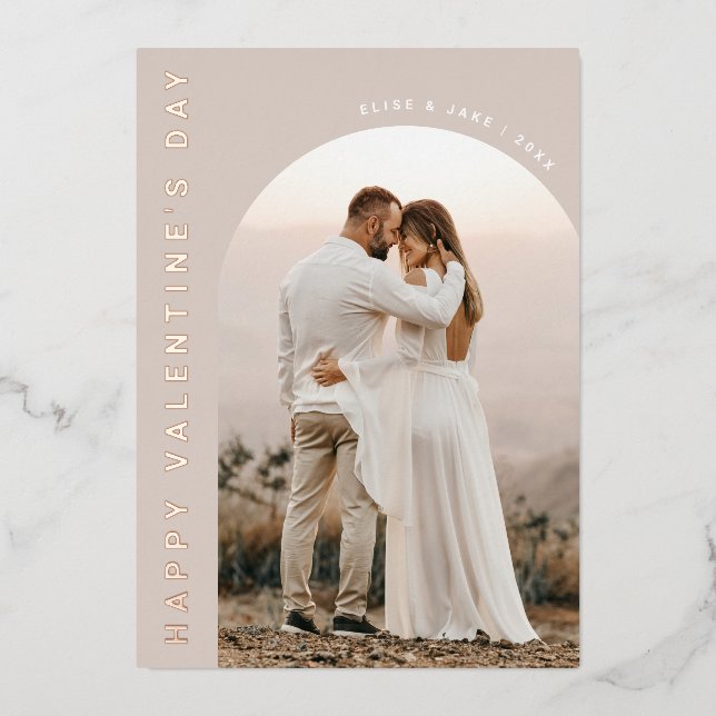 Neutral Boho Arch Valentines Photo Foil Holiday Card (Front)