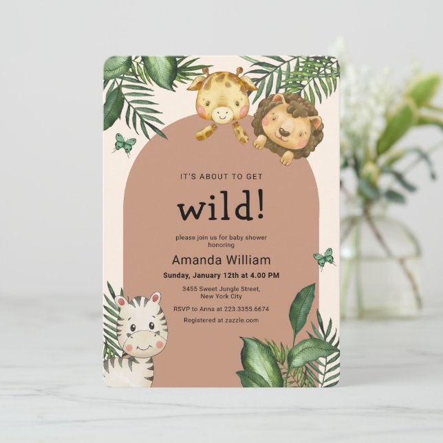 Neutral Boho Arch Wild Sarafi Animals Baby Shower Invitation (Standing Front)