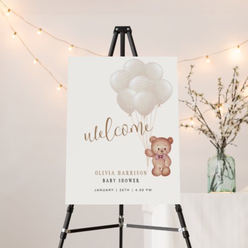 Neutral Boho Bear Balloon Baby Shower Welcome Sign