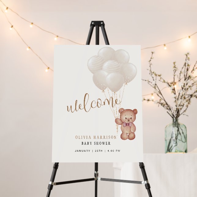 Neutral Boho Bear Balloon Baby Shower Welcome Sign (In Situ (Stand))