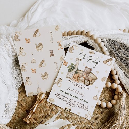 Neutral Boho Bear  Giraffe With Toys Baby Shower Invitation