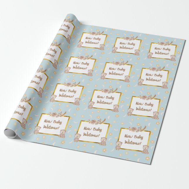Neutral Boho Bear Moon Baby Shower Wrapping Paper (Unrolled)