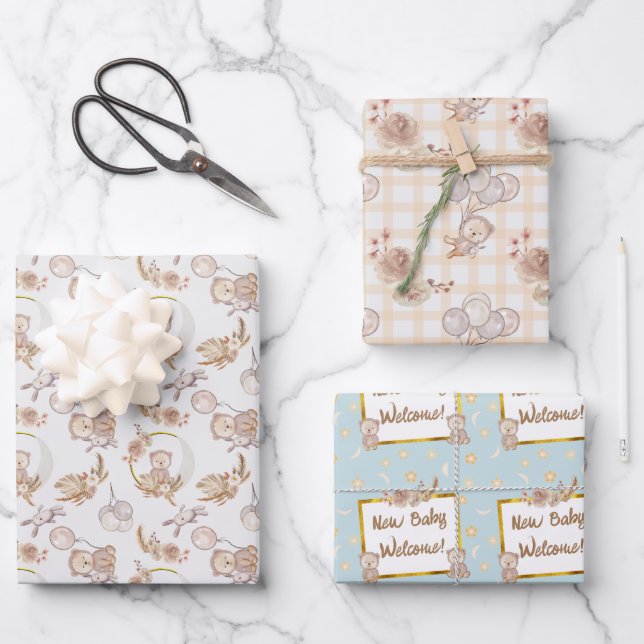 Neutral Boho Bear Moon Baby Shower Wrapping Paper Sheets (Front)