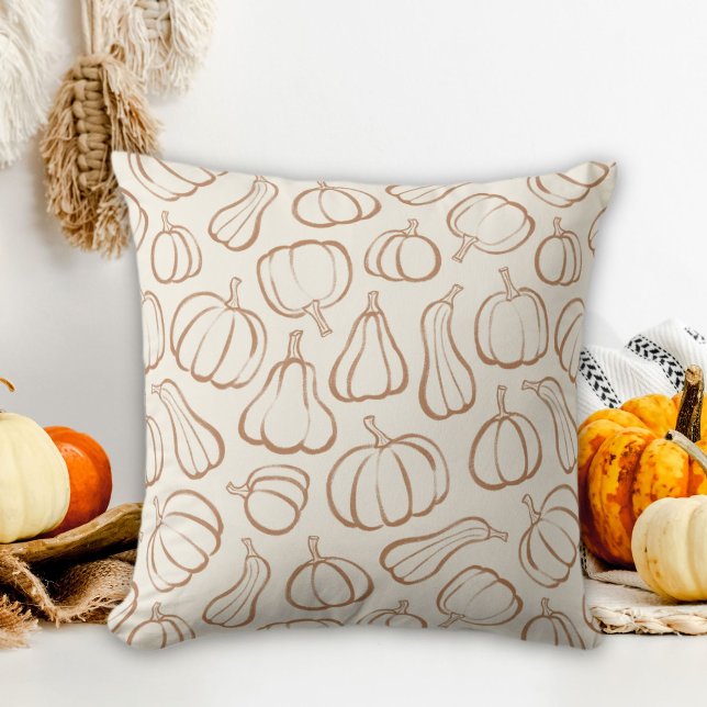 Neutral Boho Beige Pumpkin Pattern Fall Halloween Throw Pillow (Creator Uploaded)