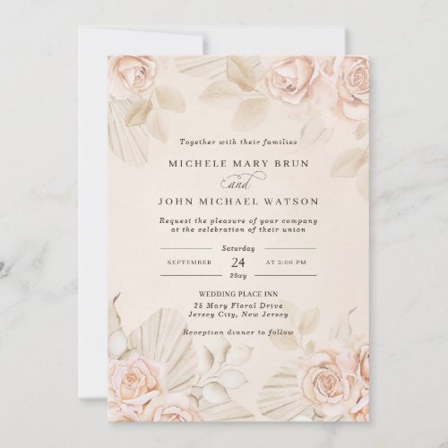 Neutral Boho Beige Tan Blush Roses Floral Wedding  Invitation