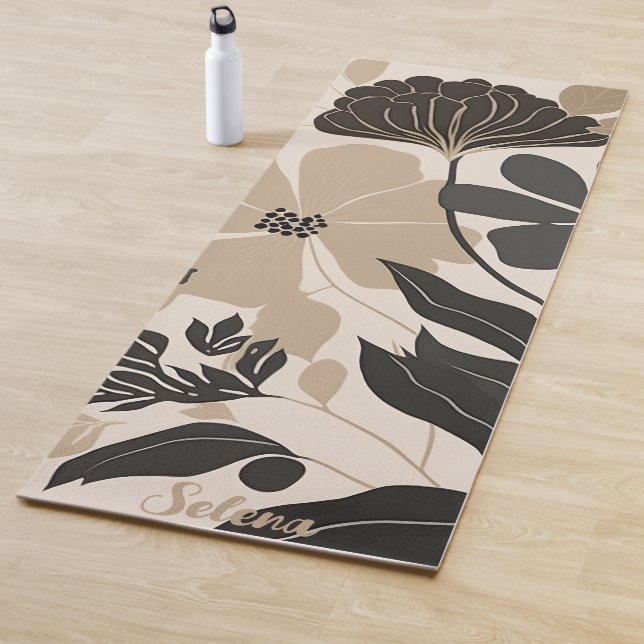 Neutral Boho Black and Beige Flowers Yoga Mat (In Situ)