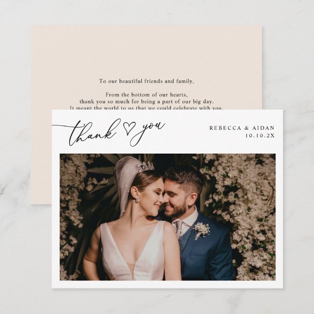 Neutral Boho Blush Script Heart Wedding Photo Thank You Card (Front/Back)