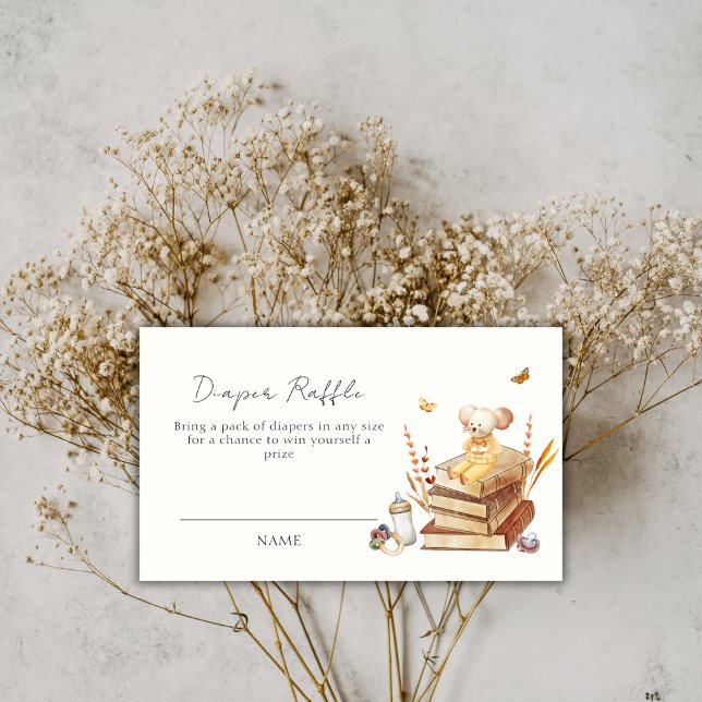 Neutral Boho Book Mouse Diaper Raffle Baby Shower  Enclosure Card (Neutral Boho Book Mouse Diaper Raffle Baby Shower Enclosure Card)