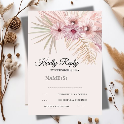 Neutral Boho Botanical Wedding RSVP Card
