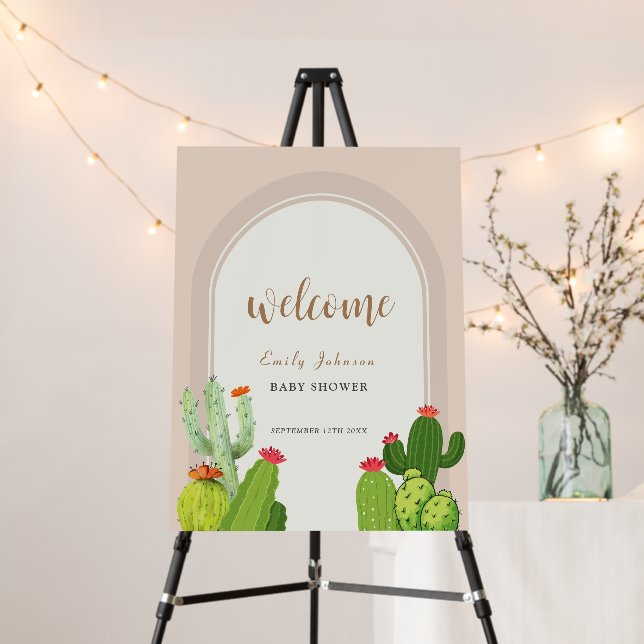 Neutral Boho Cactus Arch Baby Shower Welcome Sign (In Situ (Stand))