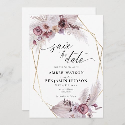 Neutral Boho Chocolate Gold Floral Save The Date Invitation