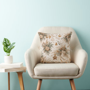 Neutral Boho Christmas Stocking Floral Pattern Throw Pillow