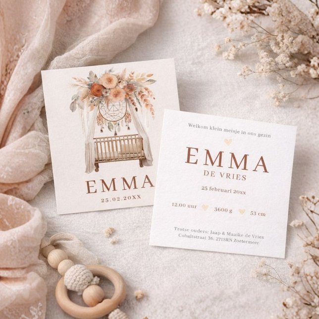 Neutral Boho Crib Flowers Earth Tones Birth Card (Creator Uploaded)