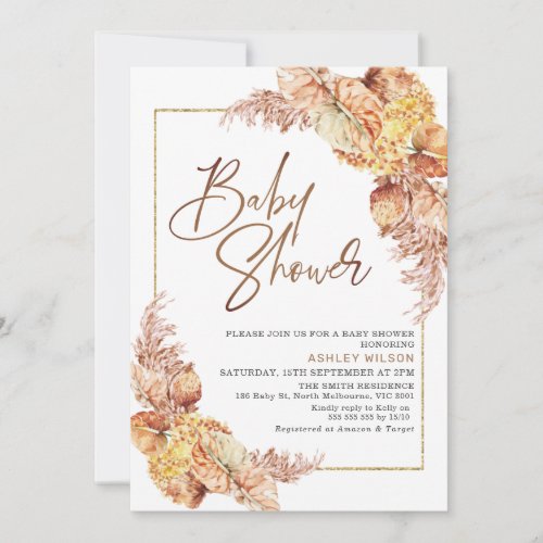 Neutral Boho Dry Floral Arrangement Baby Shower Invitation