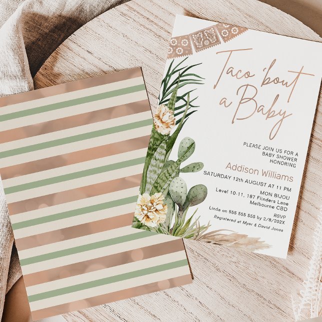 Neutral Boho Fiesta Taco Bout A Baby Baby Shower Invitation (Gender neutral taco 'bout a baby baby shower invitation featuring some cacti and beige flower.)