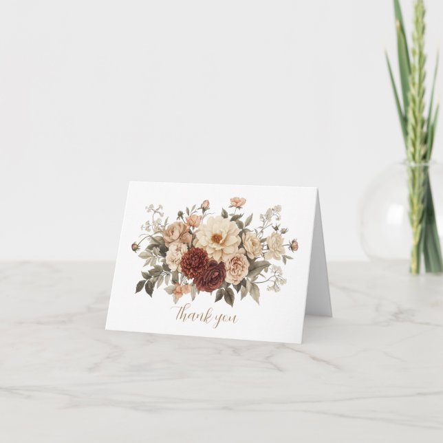 Neutral Boho Floral Bouquet Wedding Bridal Shower Thank You Card (Front)