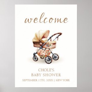 Neutral Boho Floral Stroller Baby Shower Welcome Poster