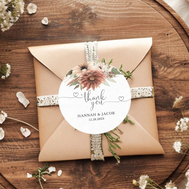 Neutral Boho Floral Wedding Thank You Favor Classic Round Sticker (Creator Uploaded)