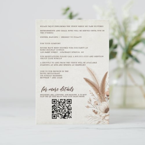 Neutral Boho Floral with QR Code  Details Wedding Enclosure Card