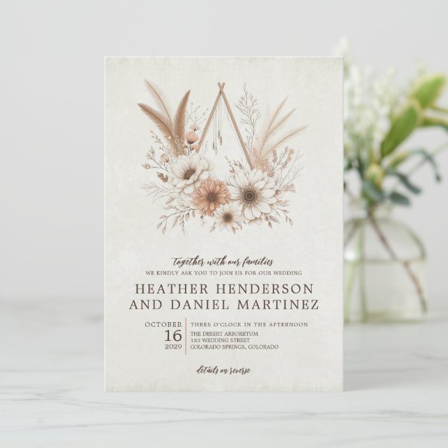 Neutral Boho Floral with QR Code & Details Wedding Invitation (Standing Front)