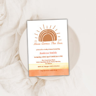 Neutral Boho Here Comes The Son Baby Shower Invitation