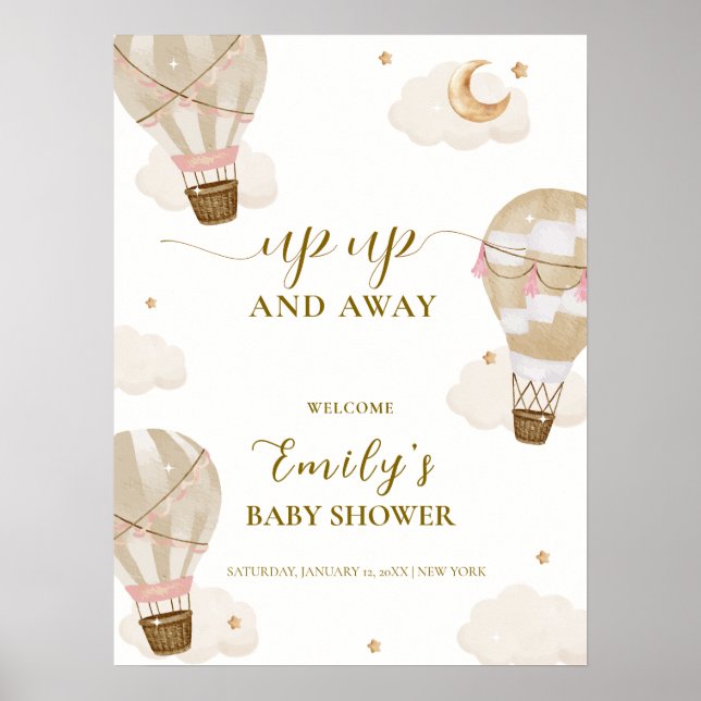 Neutral Boho Hot Air Balloon Baby Shower Welcome  Poster (Front)