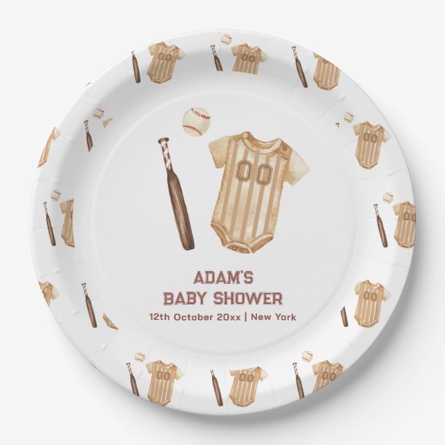 Neutral Boho Little Slugger Baseball Baby Shower  Paper Plates (Front)