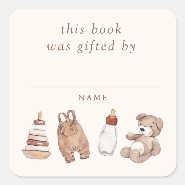 Neutral Boho Nursery Baby Shower Book Gifted By Square Sticker (Front)