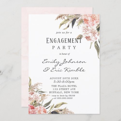 Neutral Boho Pink Peony Pampas Engagement Party In Invitation