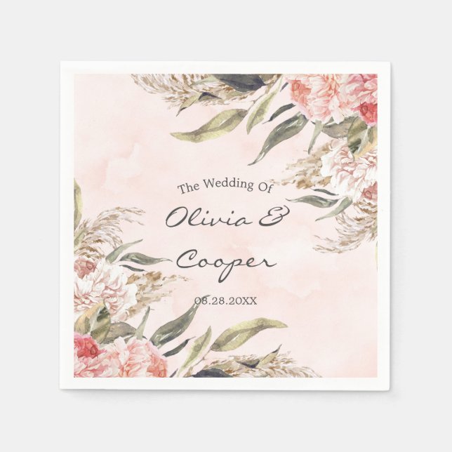 Neutral Boho Pink Peony Pampas Grass Wedding Napkins (Front)