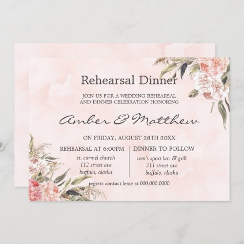 Neutral Boho Pink Peony Pampas Rehearsal Dinner In Invitation