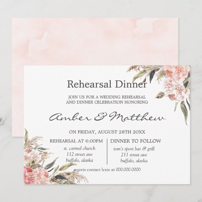 Neutral Boho Pink Peony Pampas Rehearsal Dinner Invitation (Front/Back)