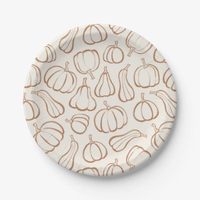 Neutral Boho Pumpkin Pattern Fall Halloween Party Paper Plates (Front)