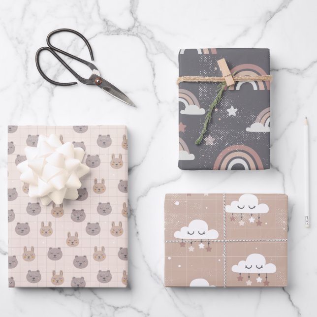 Neutral Boho Rainbow Baby Wrapping Paper Sheets (Front)