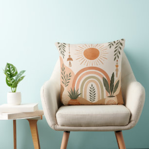 Neutral Boho Sun and Plants Throw Pillow