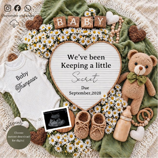Neutral boho teddy bear pregnancy announcement