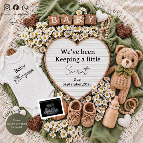 Neutral boho teddy bear pregnancy announcement